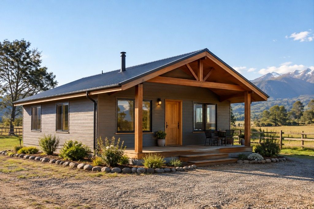 Casa de un piso con revestimiento gris y corredor de madera, en un entorno rural con cerros al fondo