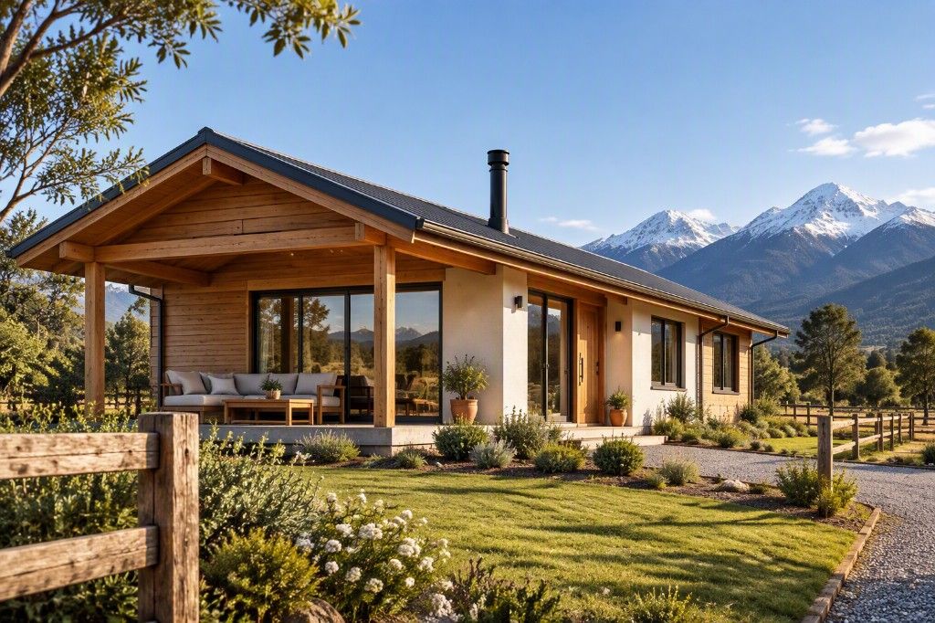 Casa de muros claros con terraza techada de madera y montañas nevadas al fondo